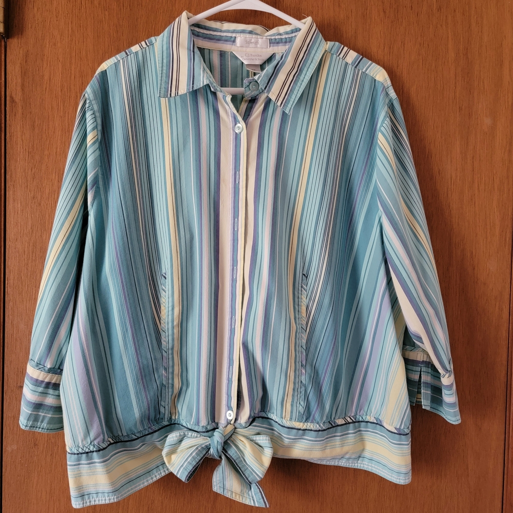 CJ Banks Turquoise, Yellow Stripe Button Down Tie Hem Blouse Plus Size 2X